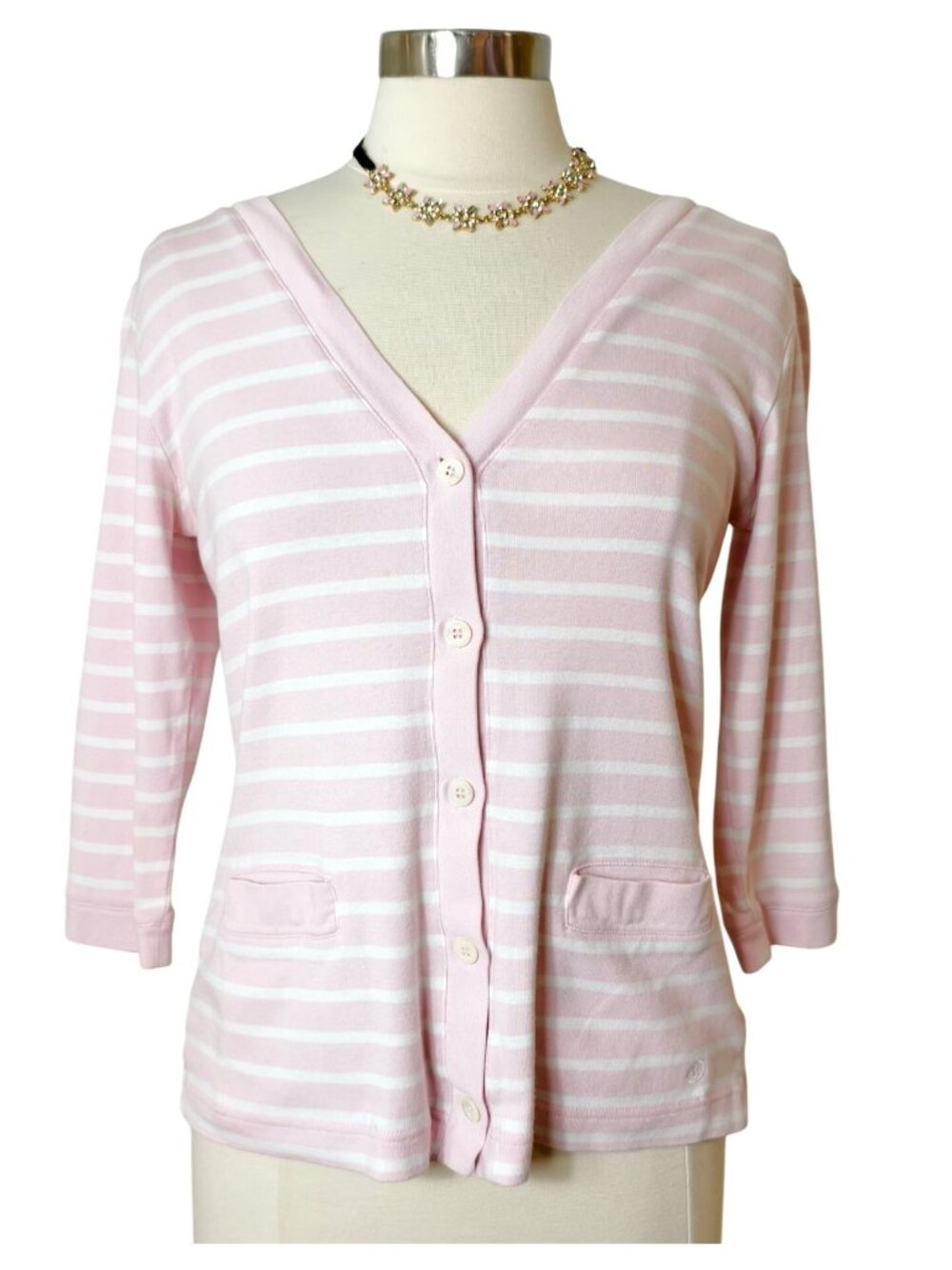 Vtg Bogner Womens 10 Button-Up Cardigan Sweater Pink White 3/4 Slv Patch Pockets